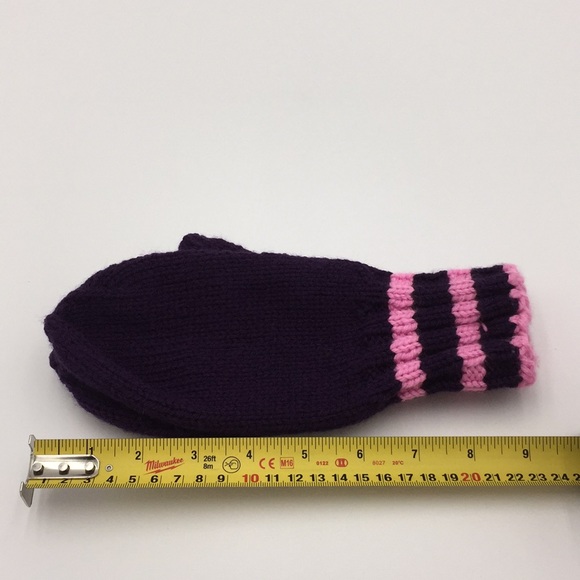 Hand Knit Girls Winter Hat + Pair of Mittens Purple & Pink Stripe - Picture 4 of 10